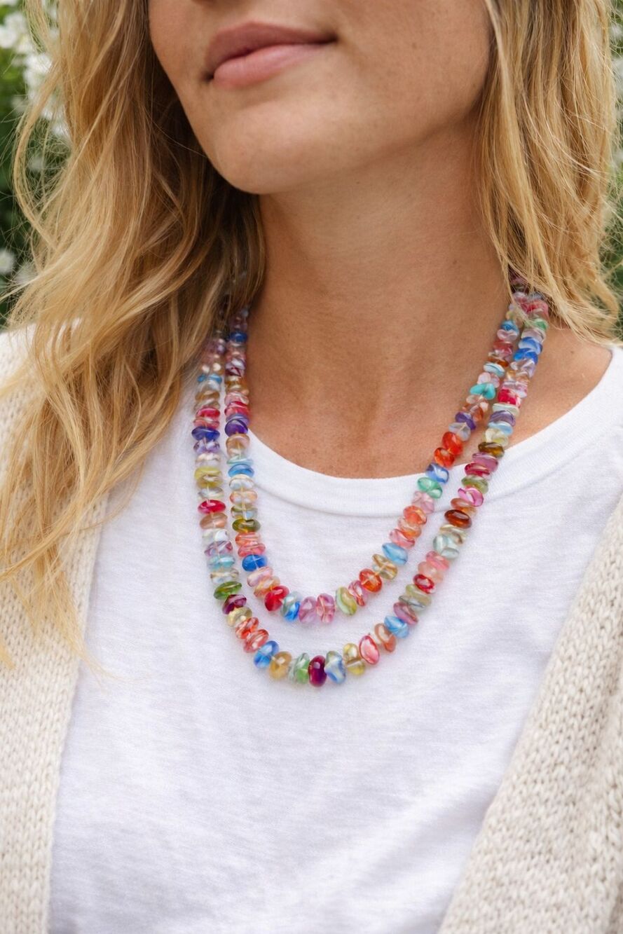 Vintage Art Glass Confetti Bead Necklace Opera Length Multicolored Candy 35"Boho